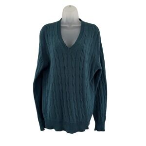 Paul Stuart Sweater Mens XL Teal V‎ Neck Cable Knit Raglan Long Sleeve Pullover